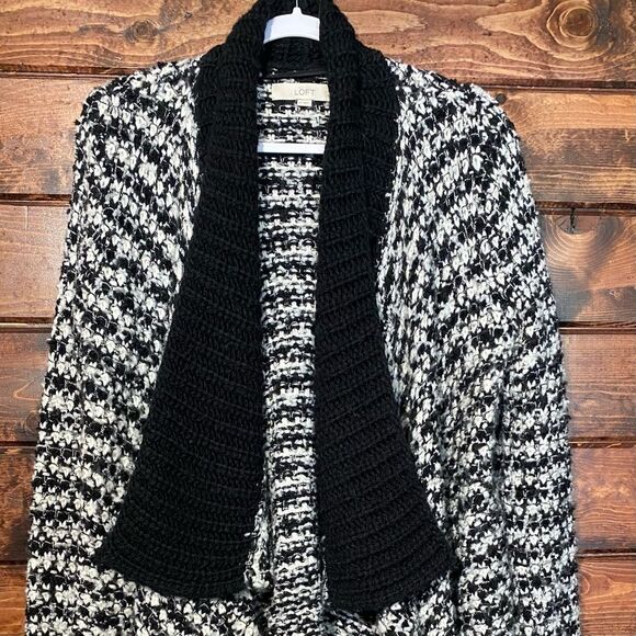 Loft Bouchle Knit Black and White Open Front Waterfall Wool BlendCardigan Size M - Picture 4 of 15
